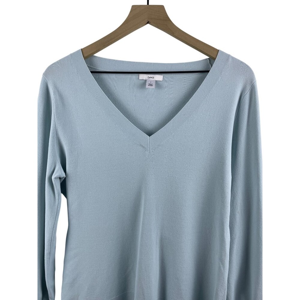 Lewit Women's Size Large Stretch Knit Balloon Bishop Sleeve V Neck Sweater Blue - Picture 3 of 10